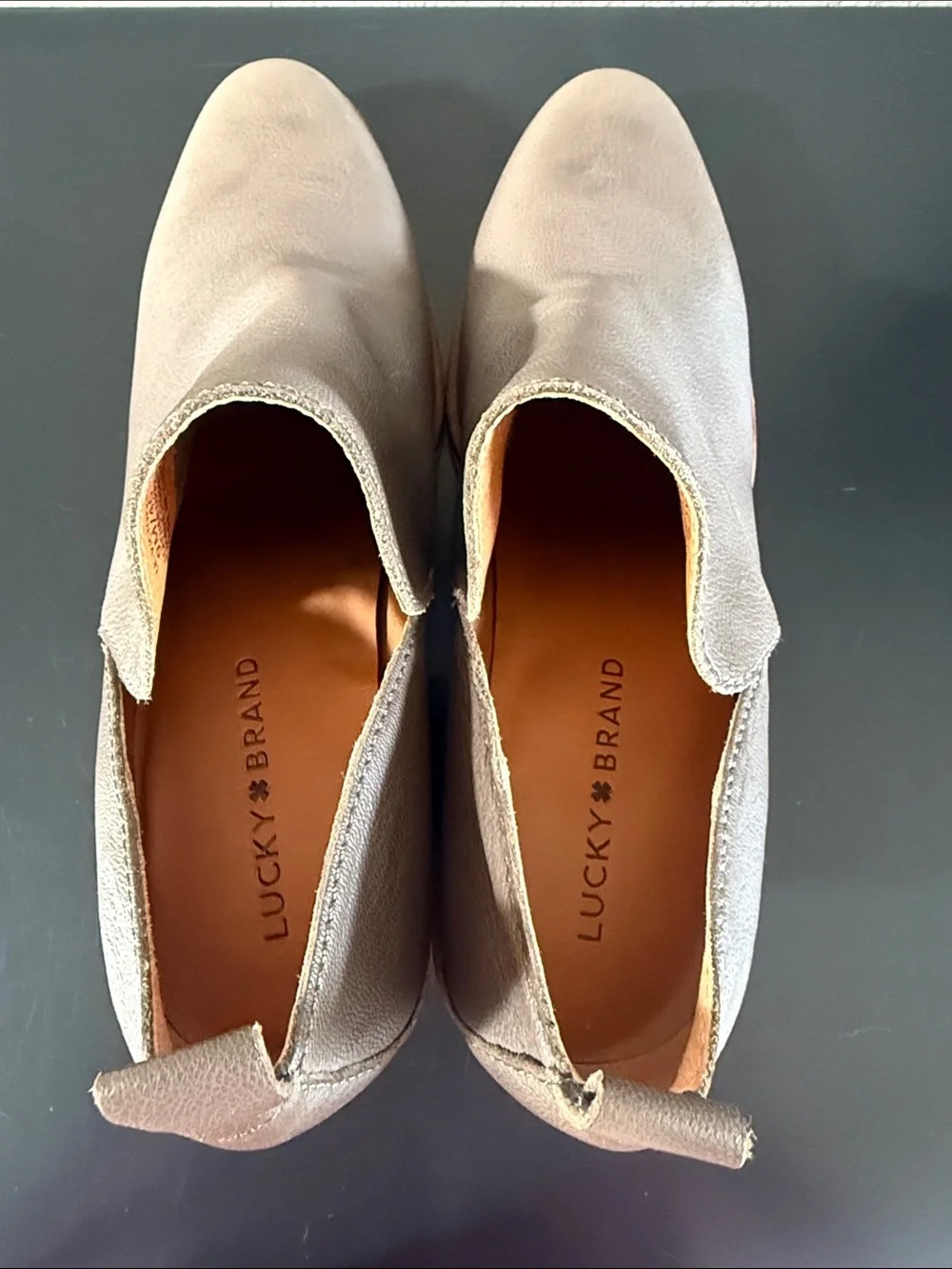 Lucky Brand Victorey Taupe Leather Ankle Booties with Stacked Heel